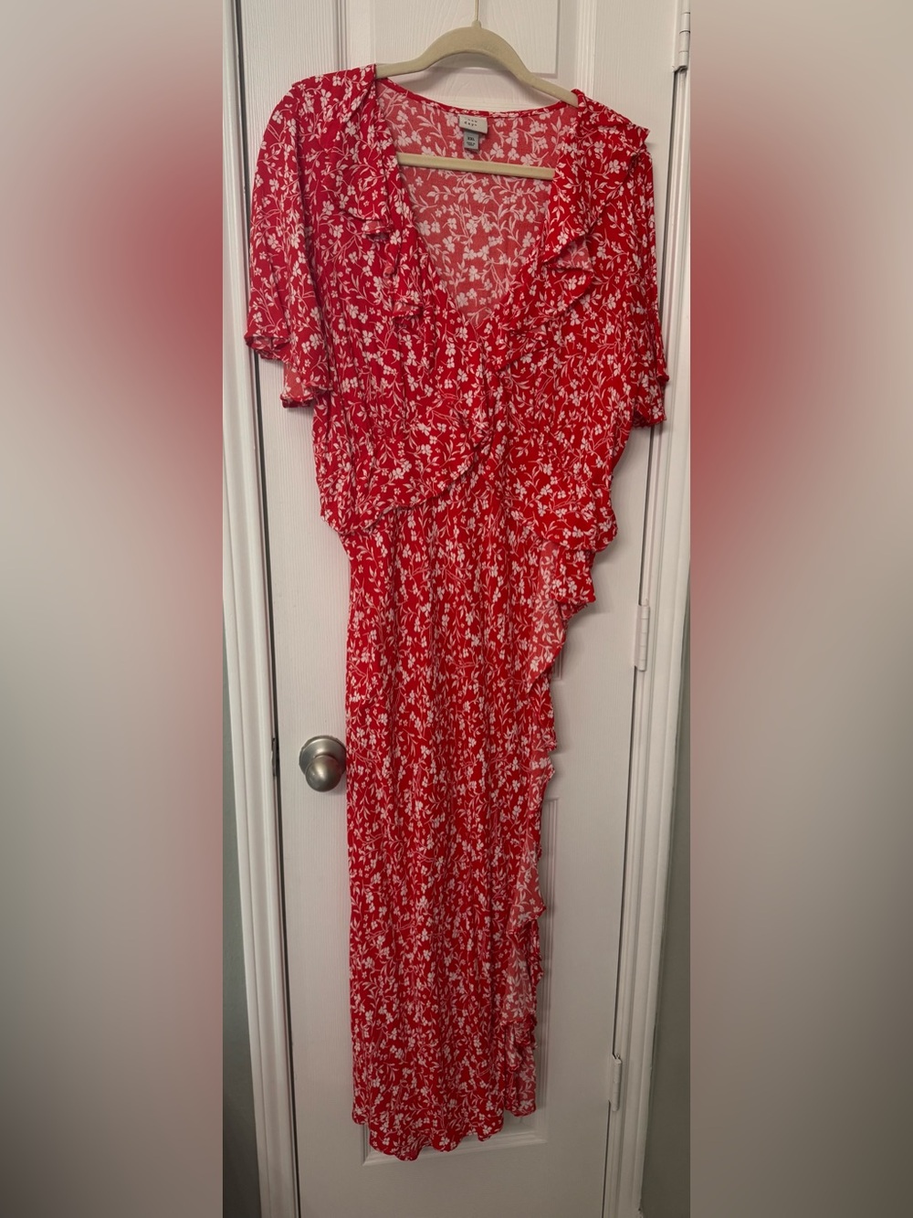 Red Floral Ruffle Midi Dress
